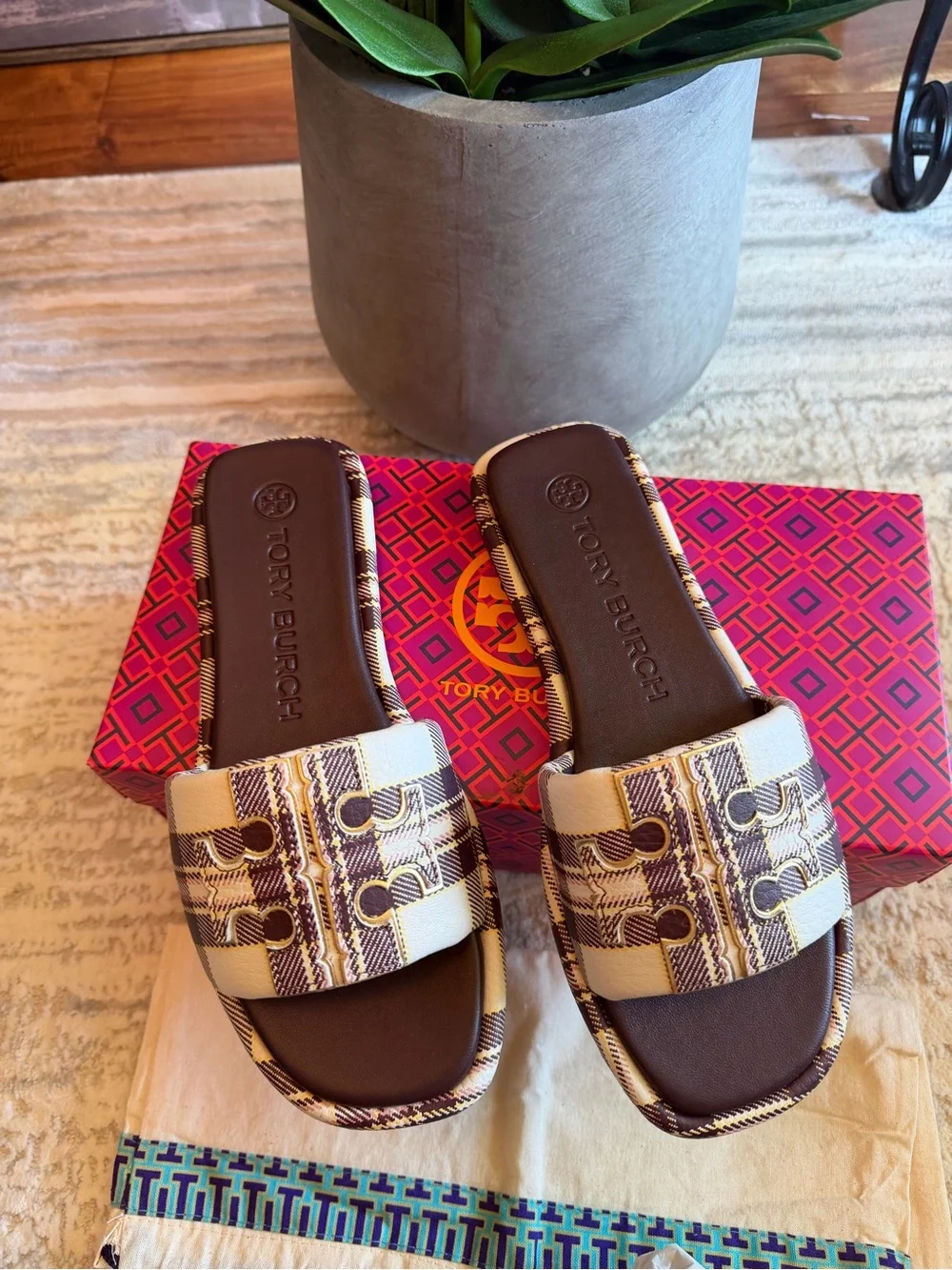 Tory Burch Double T Sport Brown and Cream Plaid Slide Sandals